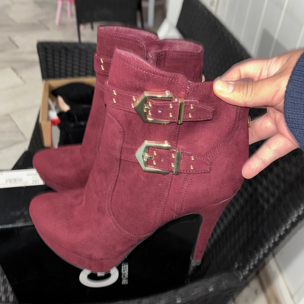 Guess by Marciano Red Heeled Boots with Stiletto Heel and Gold Buckles